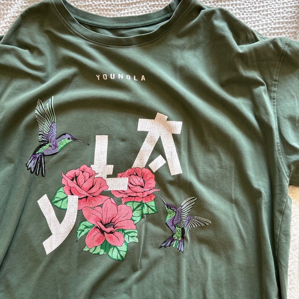 YoungLA Olive Green Tee with Pink Floral & Green Hummingbirds